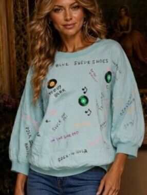Vintage 80s QUITMAN USA Music Graffiti Sweatshirt Mint Green Pop Art Large